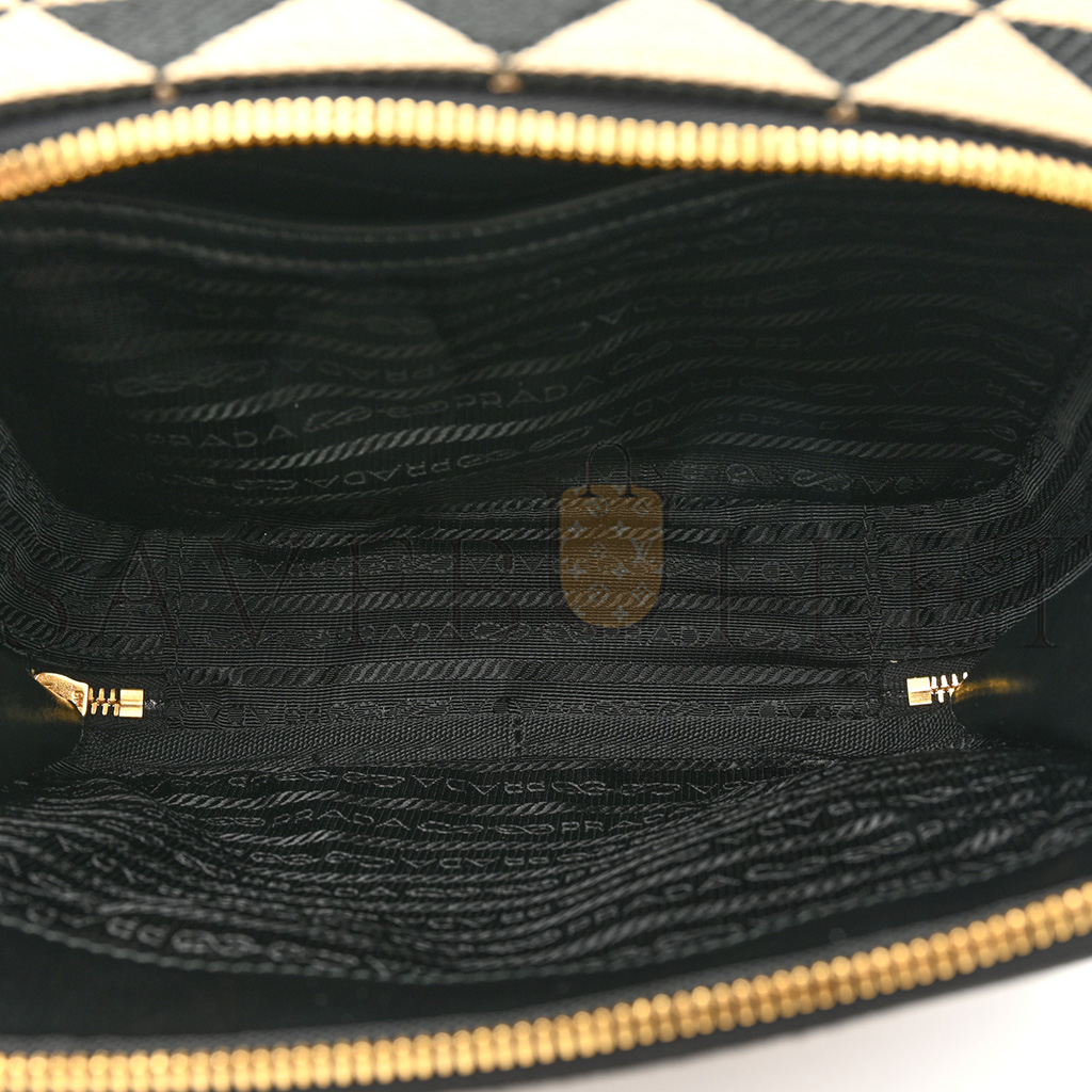 Pra*a jacquard saffiano triangolo symbole embroidered small shoulder bag black corda (23*17*7cm)