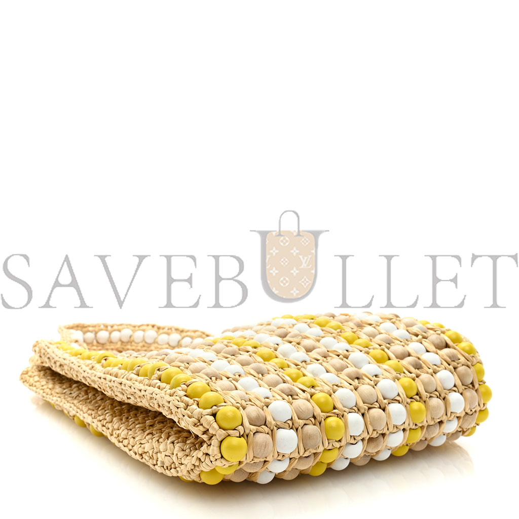 Pra*a raffia embroidered wood beaded logo tote bag tan (25*20*6cm)