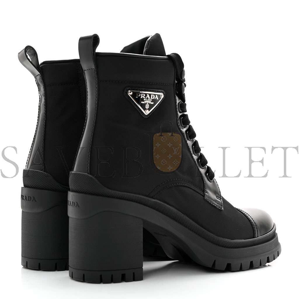Pra*a spazzolato re-nylon metal triangle logo lace up 55mm ankle boots 36.5 black