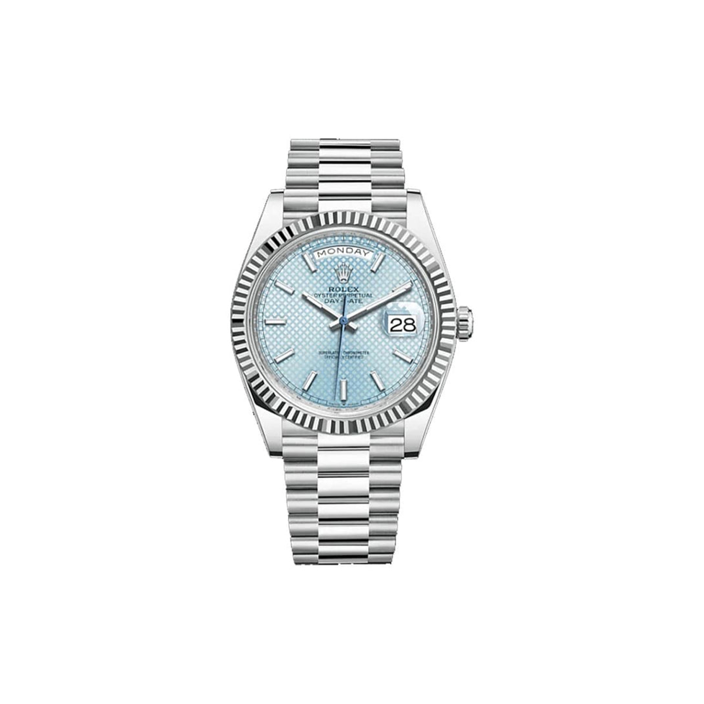 R*l*x day-date ice blue, diagonal motif 40mm watch 228236