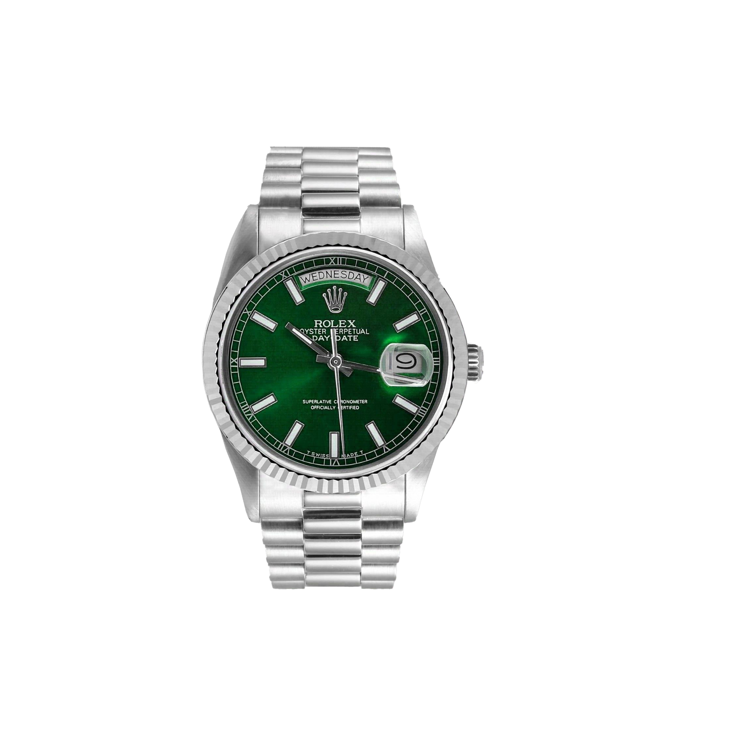 R*l*x day-date 18k white gold - green stick dial watch 118239