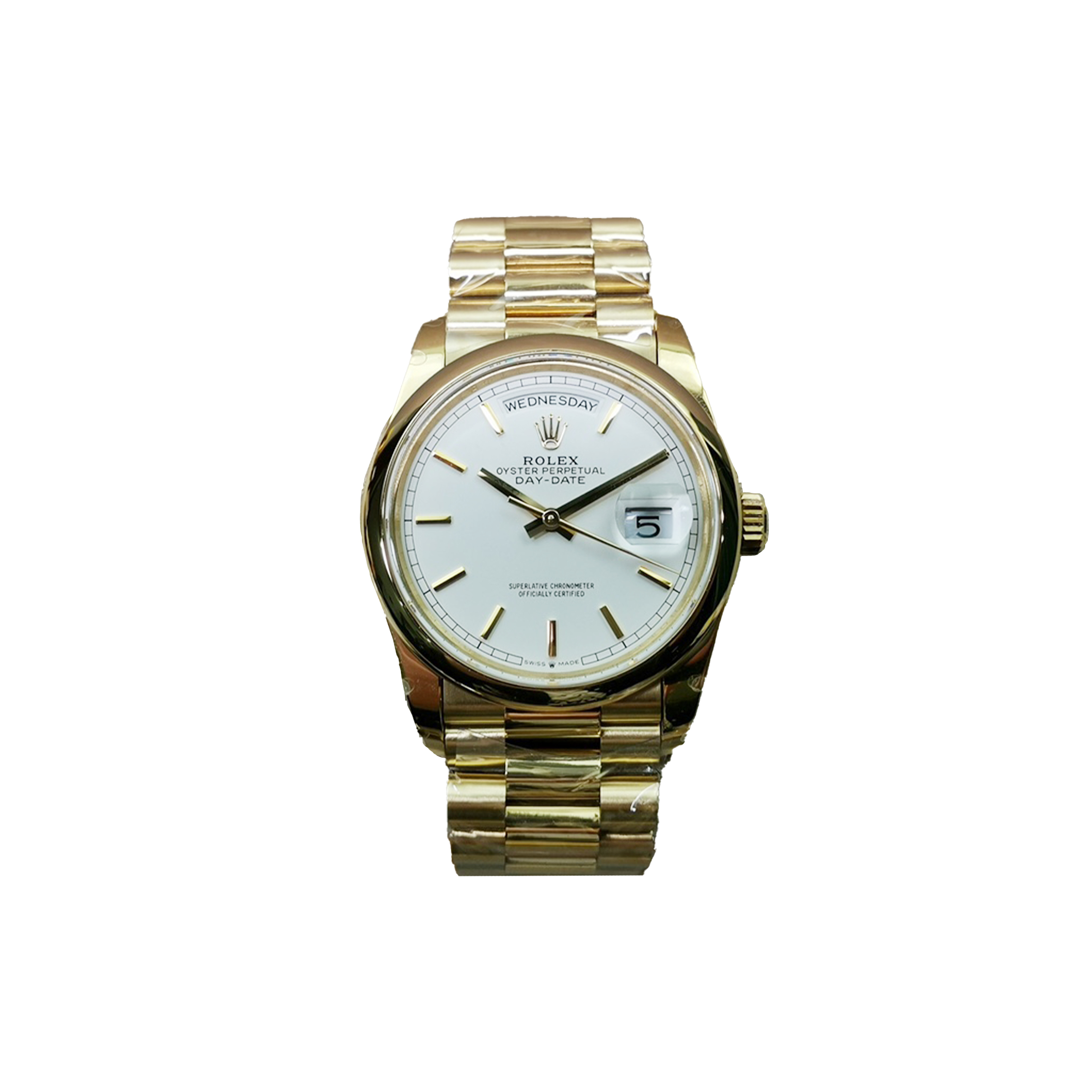 R*l*x day-date white dial gold domed bezel watch 118208