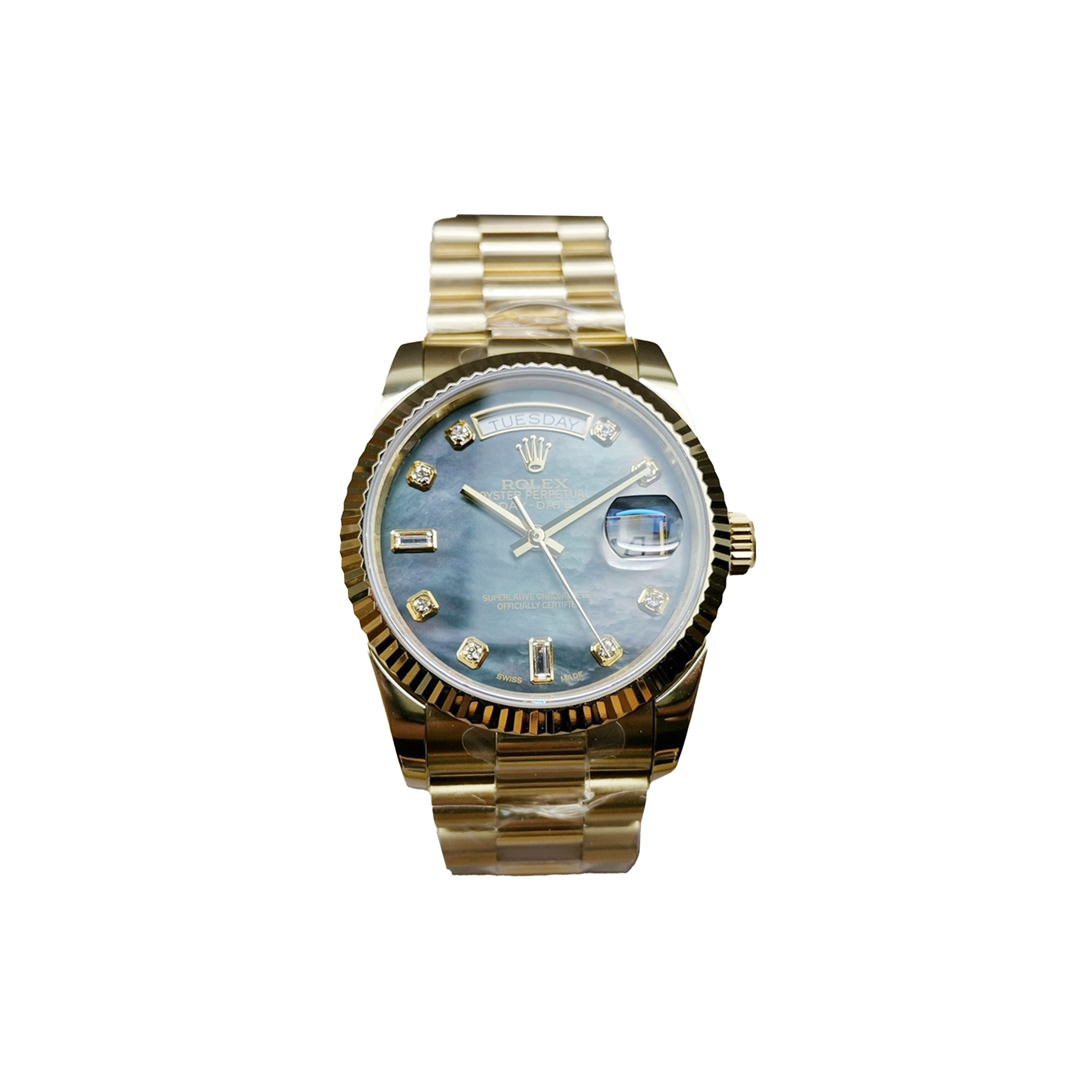 r*l*x day-date yellow gold dark Di*m*nd dial watch 118238