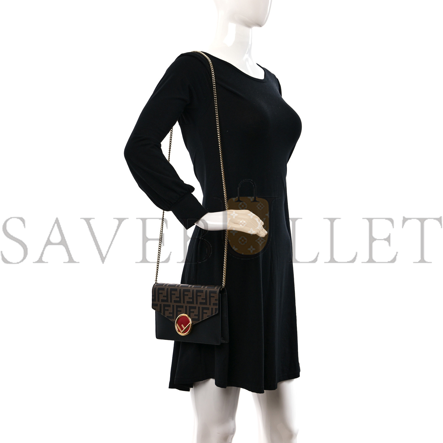 F**di vitello cruise f is F**di bi-color ff 1974 embossed medium envelope wallet on chain black maya (20*13*4cm)