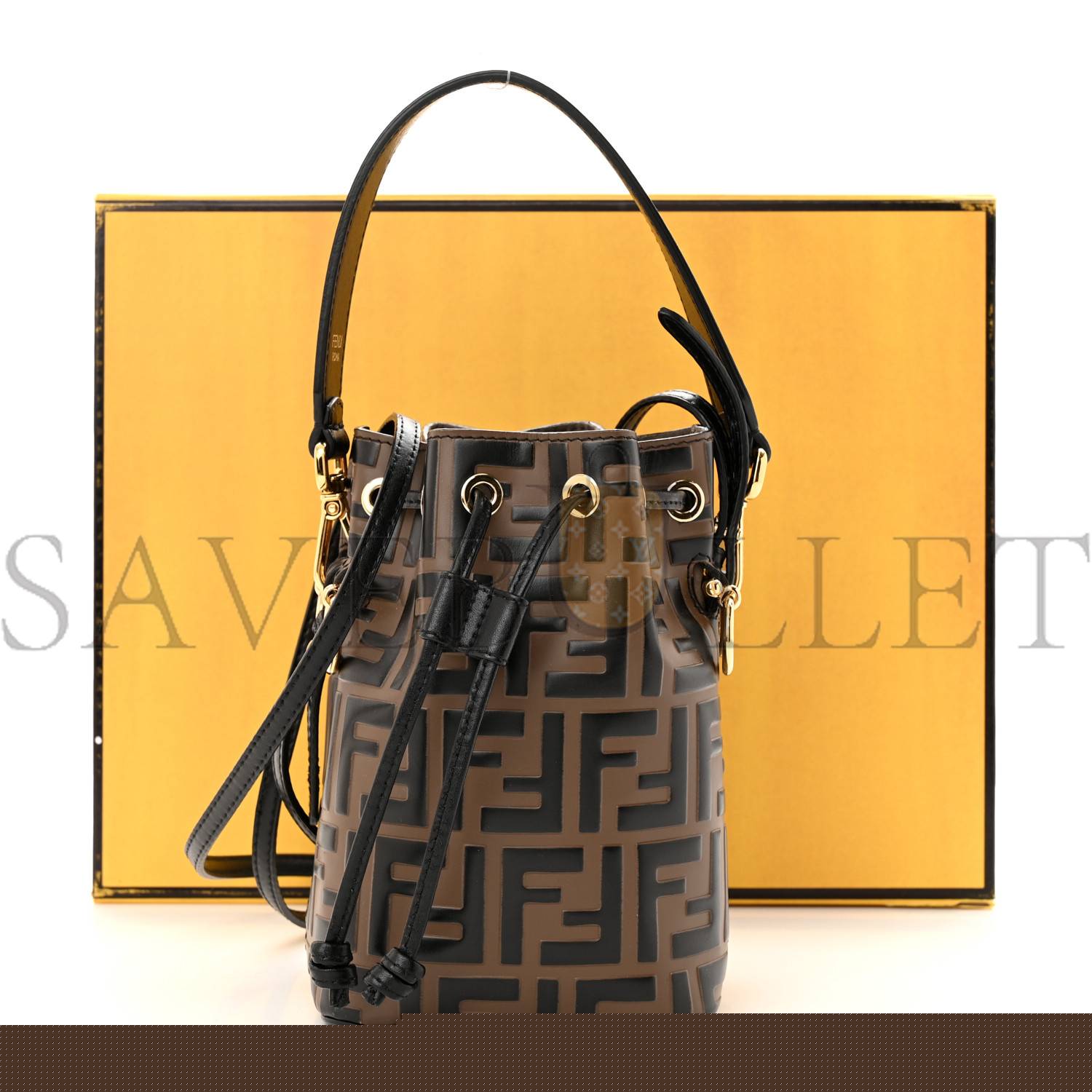 F**di vitello liberty f is F**di bi-color ff 1974 embossed mini mon tresor bucket bag maya black (18*12*10cm)