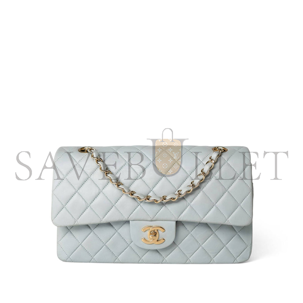 Ch*el vintage light blue lambskin quilted classic flap medium gold hardware (25.5*15*7cm)