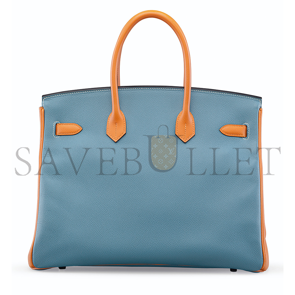 H**mes master birkin 25 togo leather peacock blue and sun yellow leather with horseshoe logo silver buckle 10092958 (25*20*13cm)