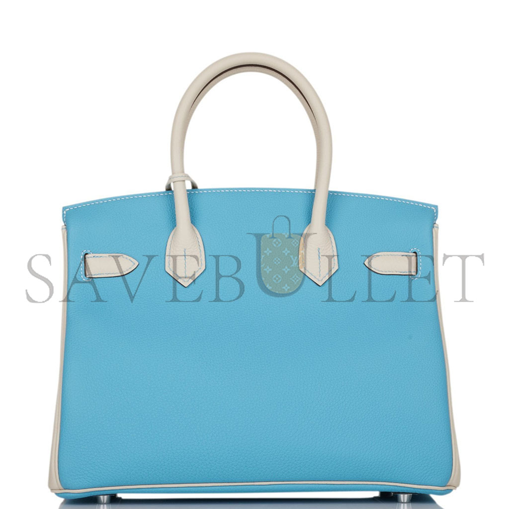 h**mes master birkin 25 togo leather N0*Hern blue and milkshake white silver buckle handbag 2161400178398 (25*20*13cm)