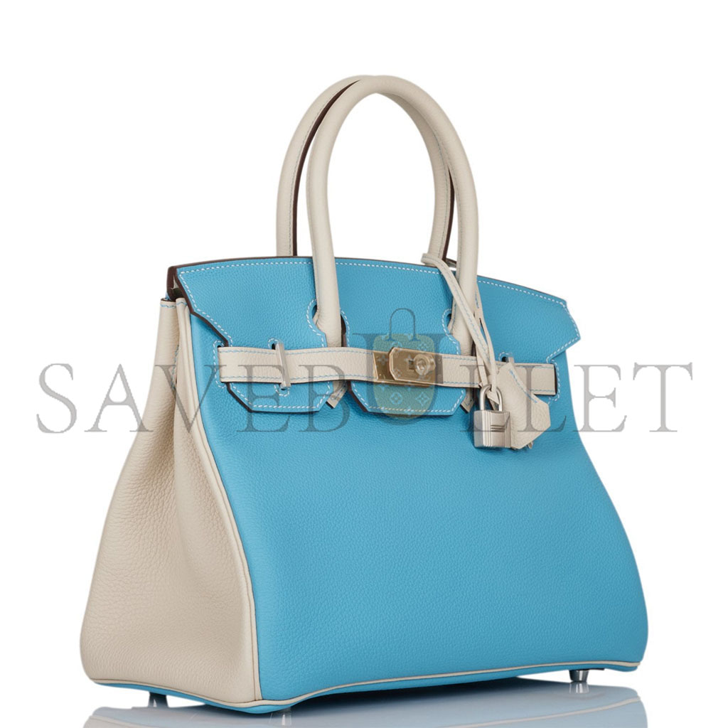 h**mes master birkin 25 togo leather N0*Hern blue and milkshake white silver buckle handbag 2161400178398 (25*20*13cm)