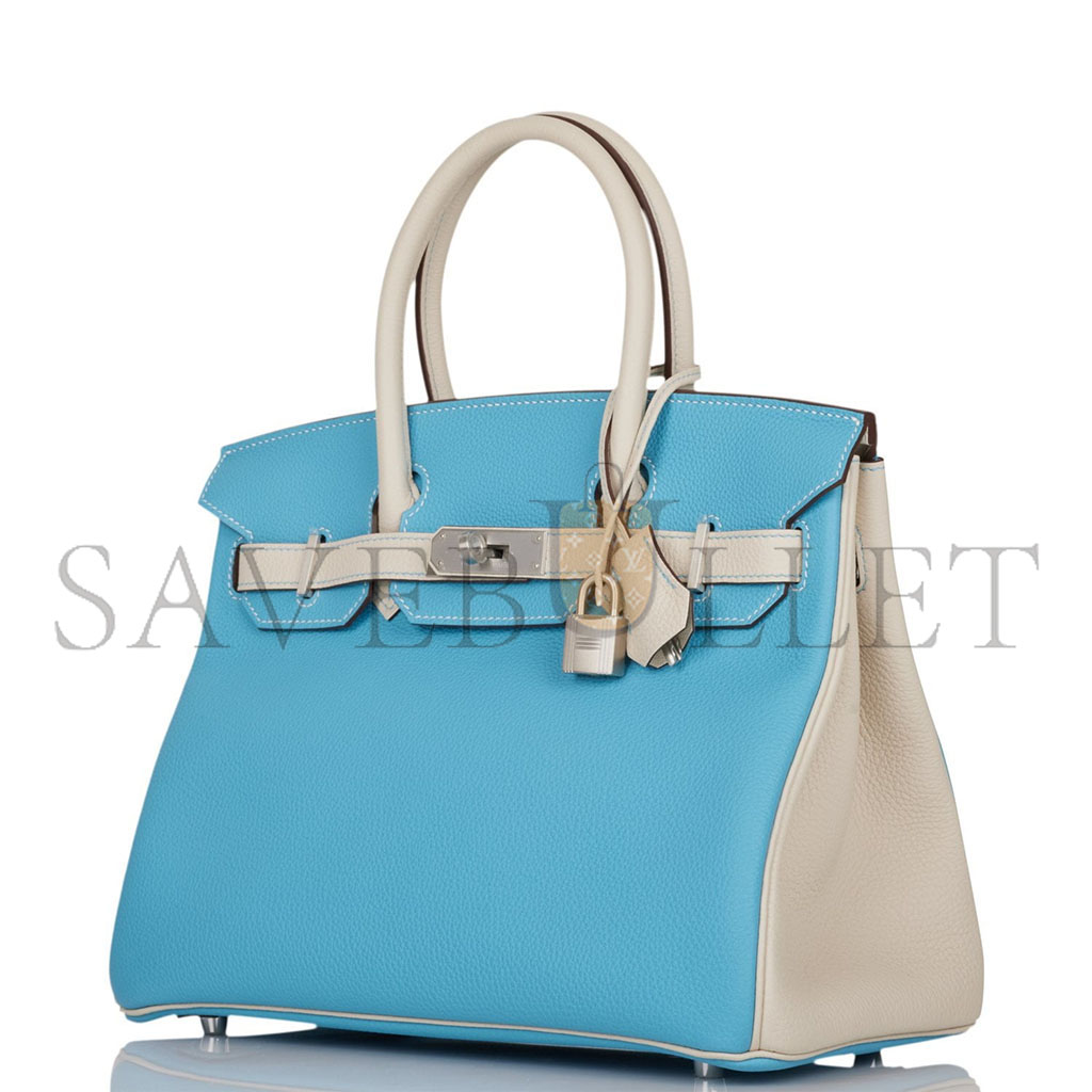 h**mes master birkin 25 togo leather N0*Hern blue and milkshake white silver buckle handbag 2161400178398 (25*20*13cm)