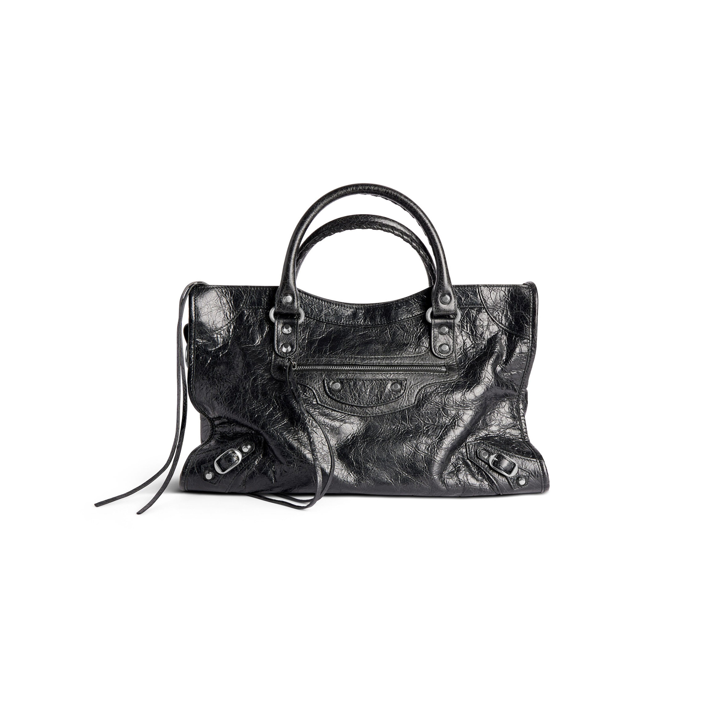 Ba*len*cia*ga le city medium bag in black arena lambskin, shiny silver hardware 7977862aa9s1000 (29.9*19.1*9.9cm)