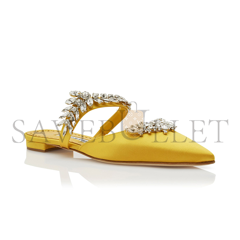 MANOLO BLAHNIK LURUMFLATUS YELLOW SATIN CRYSTAL EMBELLISHED FLAT MULES 122-1947-0004