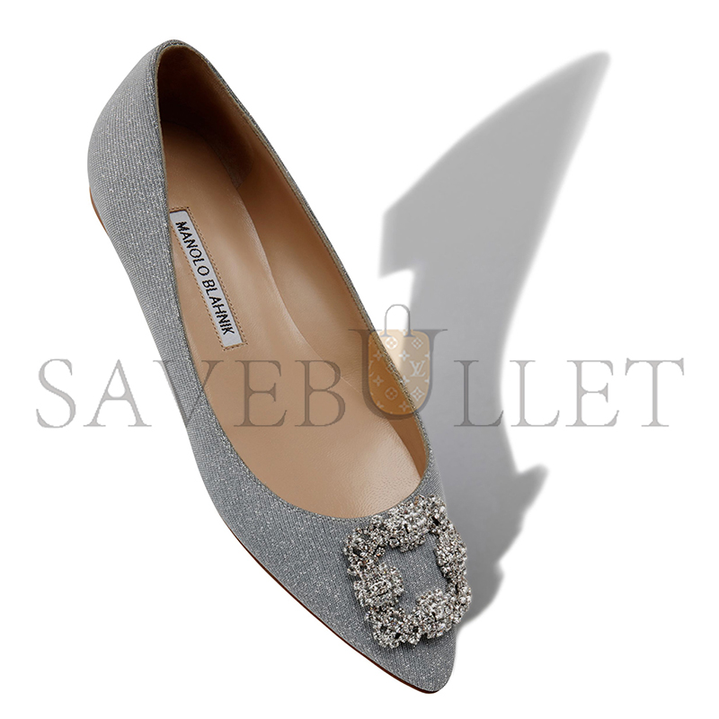 MANOLO BLAHNIK HANGISIFLAT GLITTER SILVER GLITTER FABRIC JEWEL BUCKLE FLAT PUMPS 9XX-0590-0013