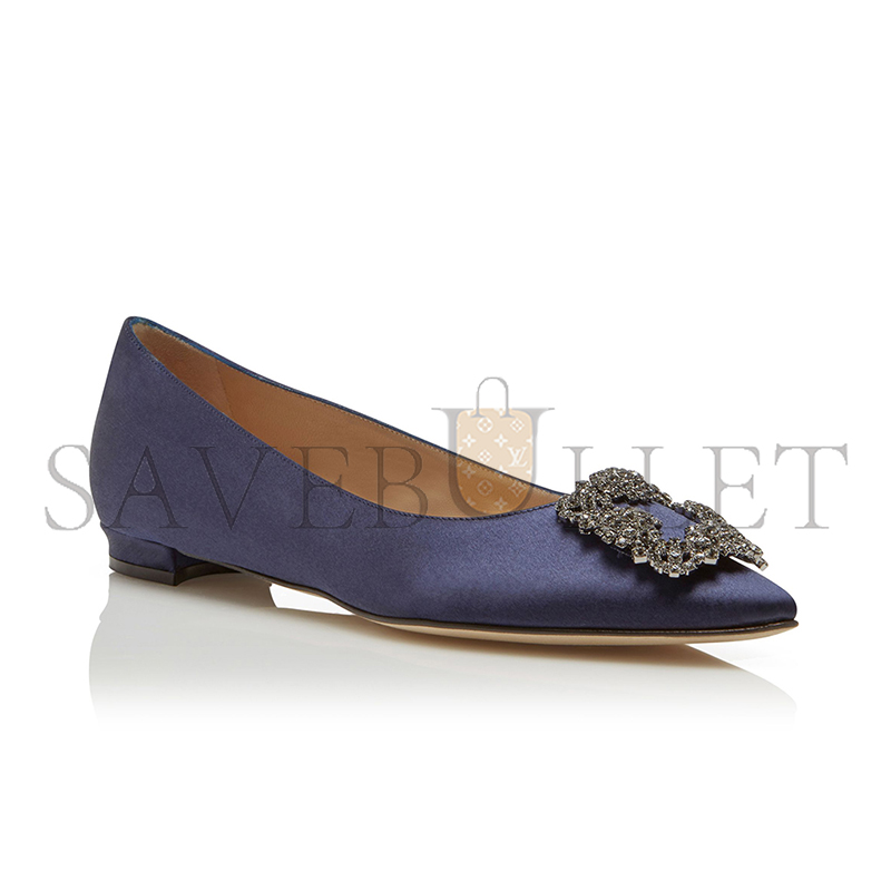 MANOLO BLAHNIK HANGISIFLAT NAVY SATIN JEWEL BUCKLE FLAT PUMPS 9XX-0348-0033