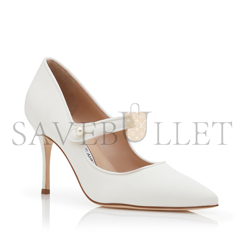 MANOLO BLAHNIK CAMPARIPEARL WHITE CREPE DE CHINE MARY JANE PUMPS 424-2023-0001