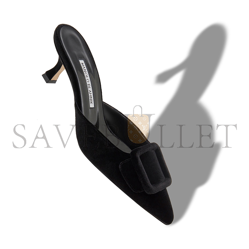 MANOLO BLAHNIK MAYSALE BLACK VELVET BUCKLE DETAIL MULES 220-0480-0015