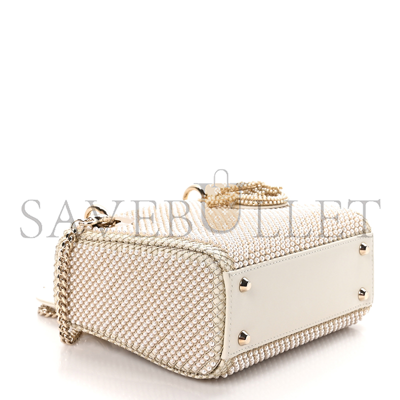 D*or mini lady D*or bag latte calfskin embroidered entirely with white resin pearls (17*15*7cm)
