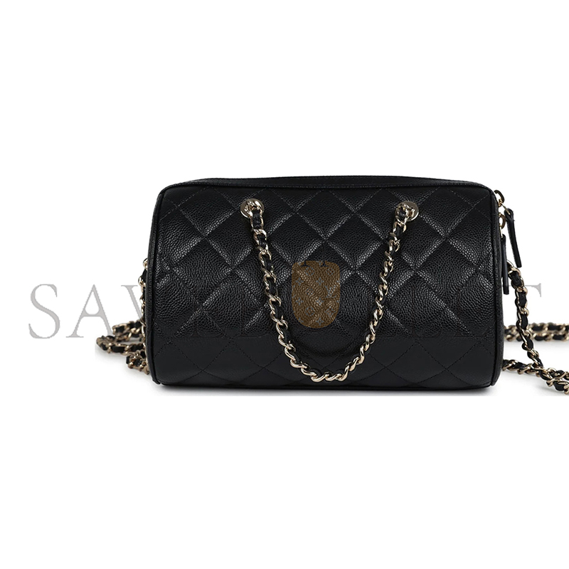 Ch*el mini timeless classic barrel bag with chain black shiny caviar light gold hardware as0932 (18*13*10cm)