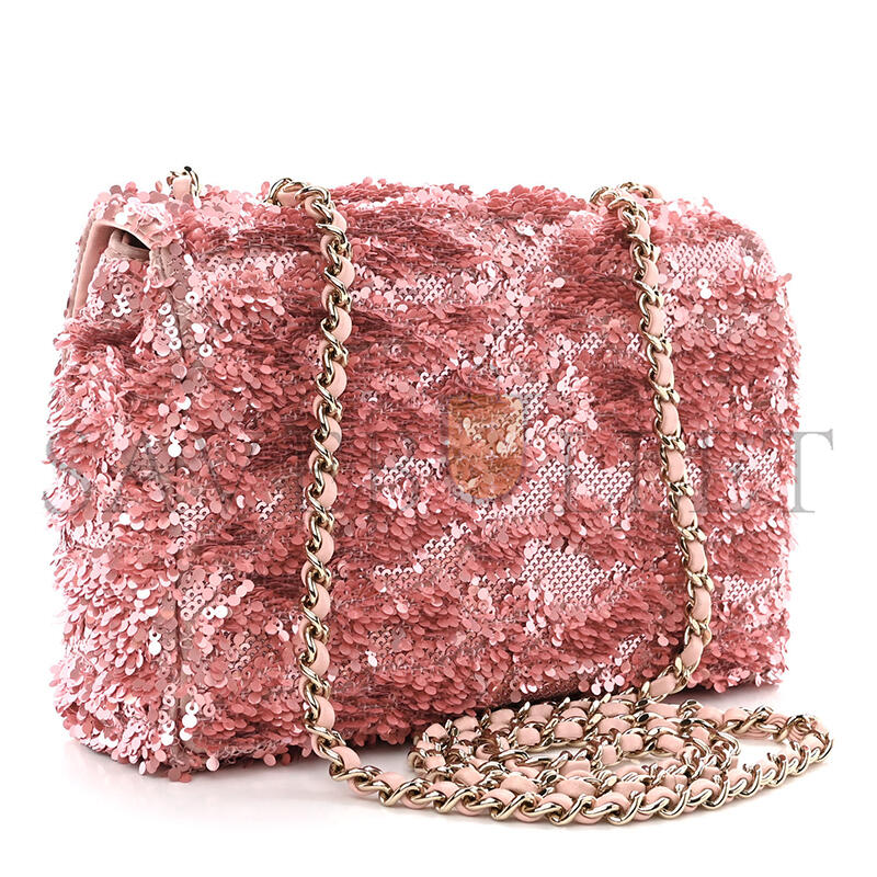 Ch*el flap bag sequins & gold-tone metal golden & pink as4561 (21*14*8cm)