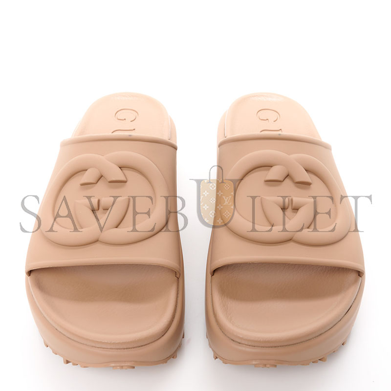 G*u*i soft rubber womens interlocking g platform slide sand 692845
