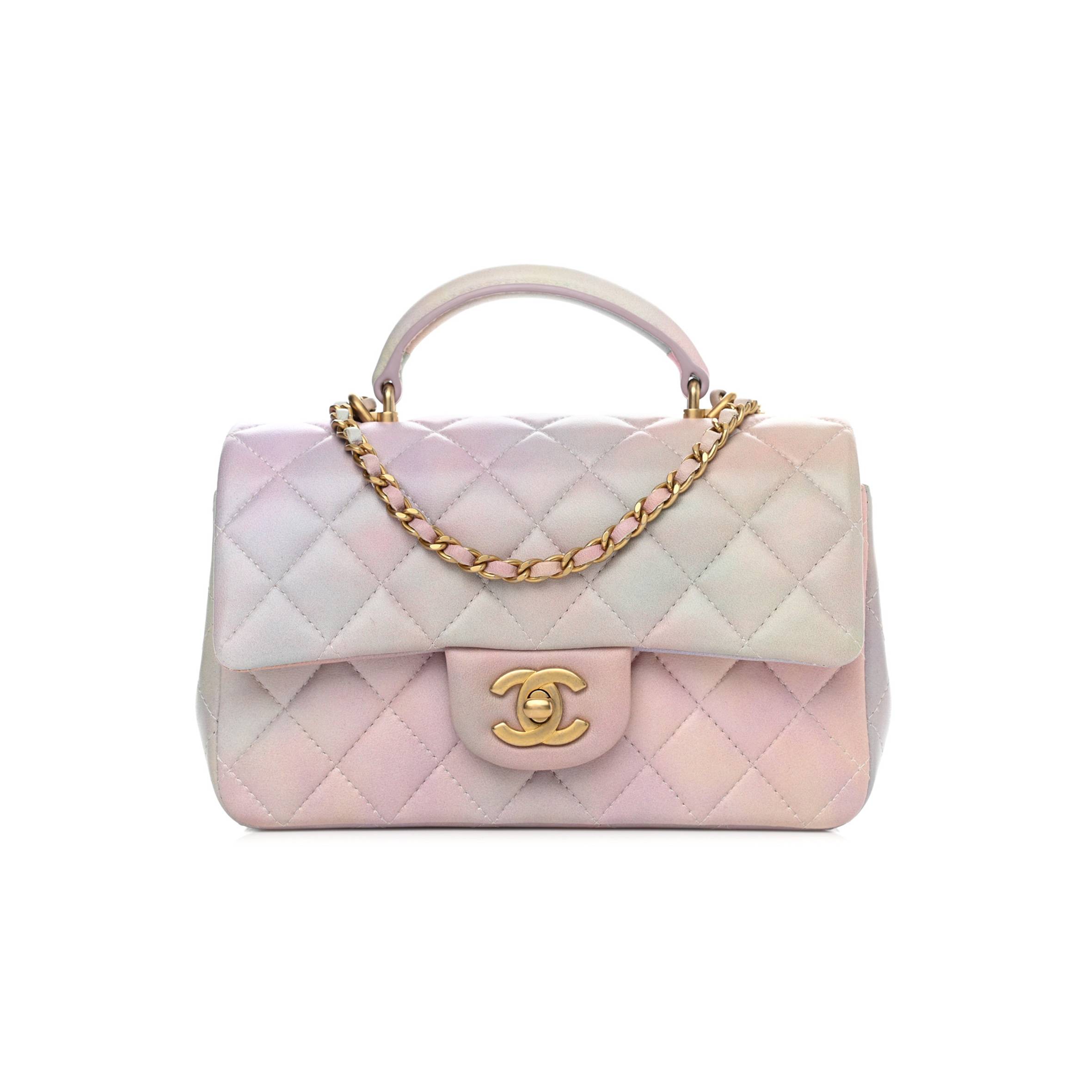 Ch*el lambskin quilted ombre mini top handle rectangular flap pink multicolor gold hardware (20*13*6cm)