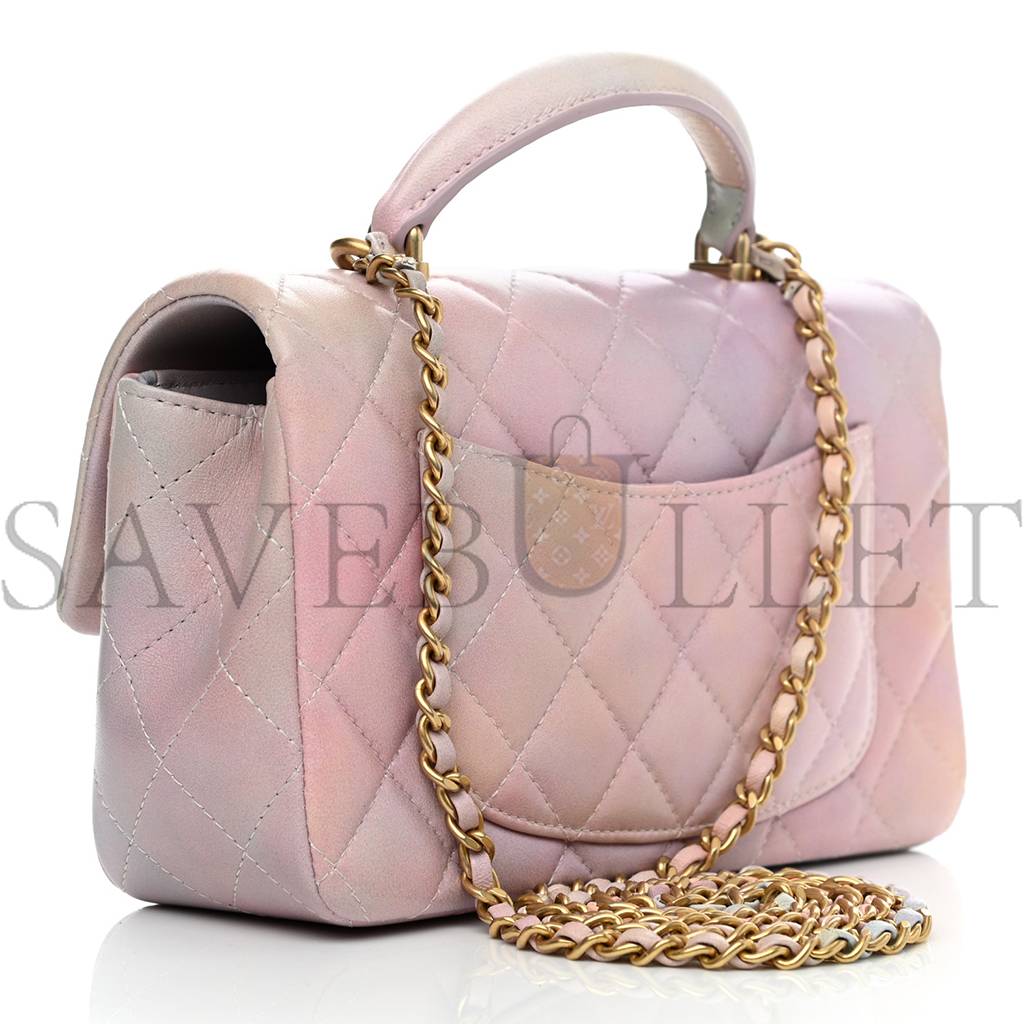 Ch*el lambskin quilted ombre mini top handle rectangular flap pink multicolor gold hardware (20*13*6cm)