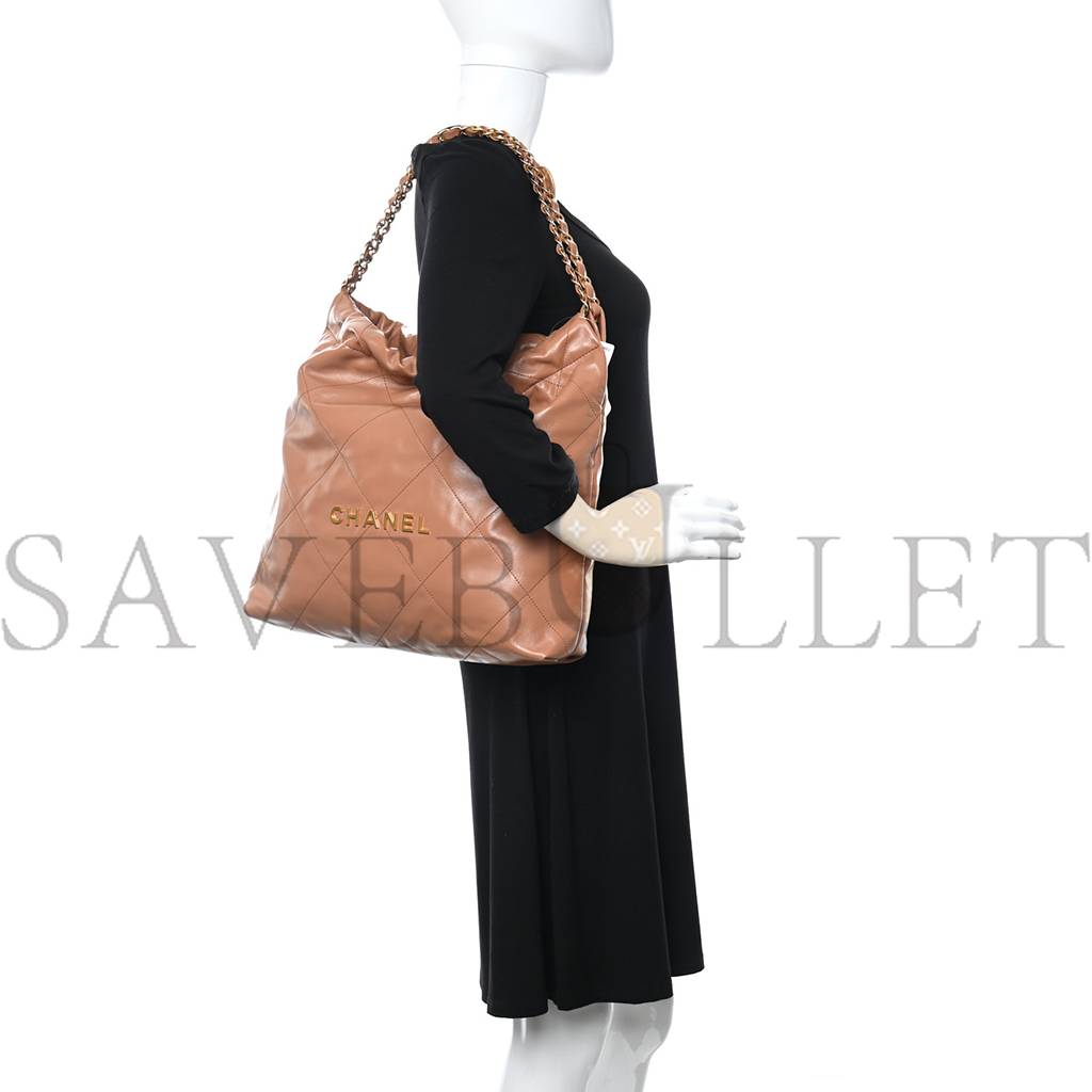 Ch*el shiny calfskin quilted Ch*el 22 camel gold hardware (37*35*7cm)