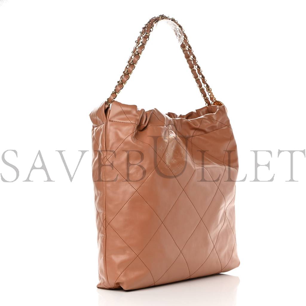 Ch*el shiny calfskin quilted Ch*el 22 camel gold hardware (37*35*7cm)