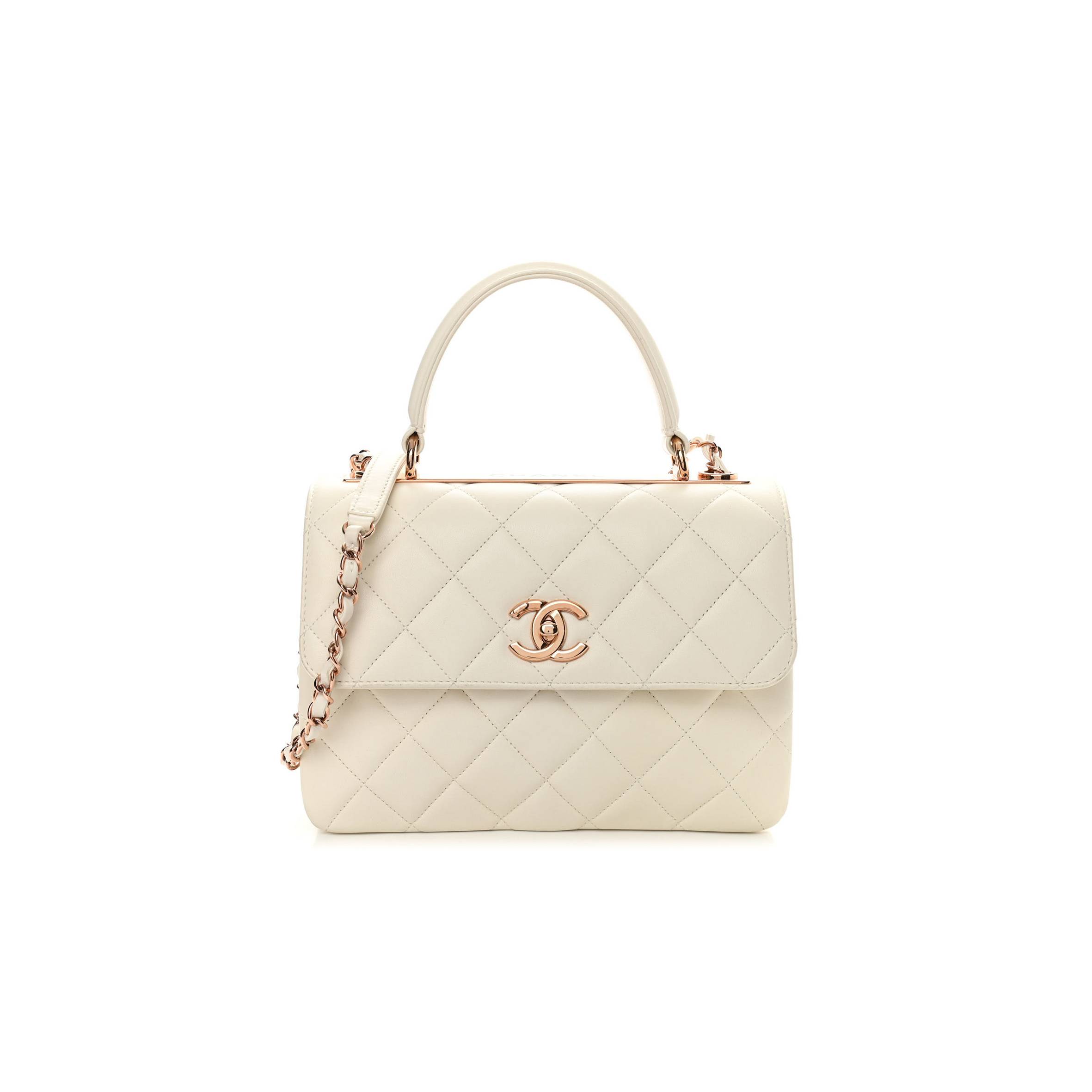 Ch*el lambskin quilted small trendy cc dual handle flap bag white rose gold hardware (25*17*6cm)
