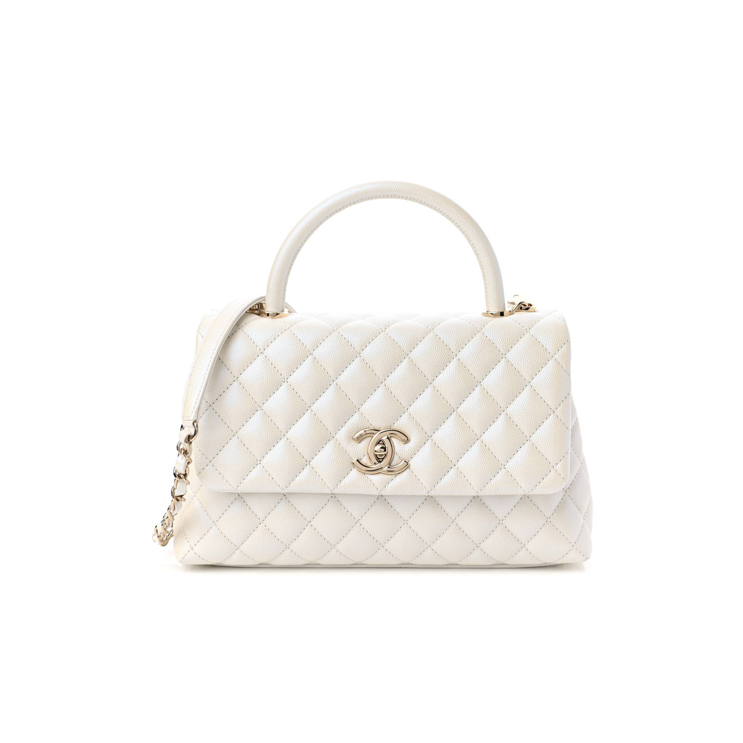 Ch*el iridescent caviar quilted small coco handle flap white rose gold hardware (28*17*11cm)