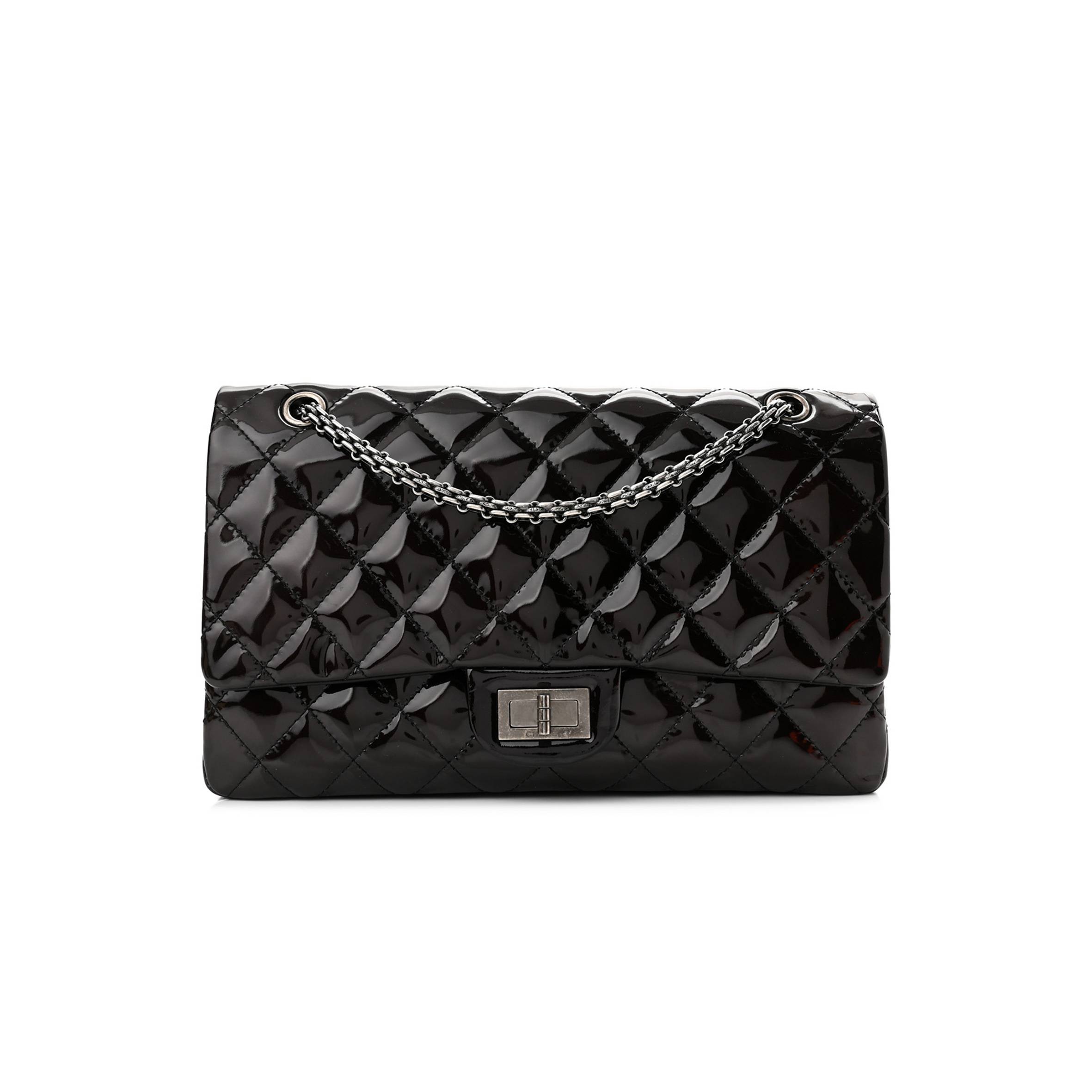 Ch*el patent quilted 2.55 reissue 227 flap prune silver hardware (30*19*10cm)