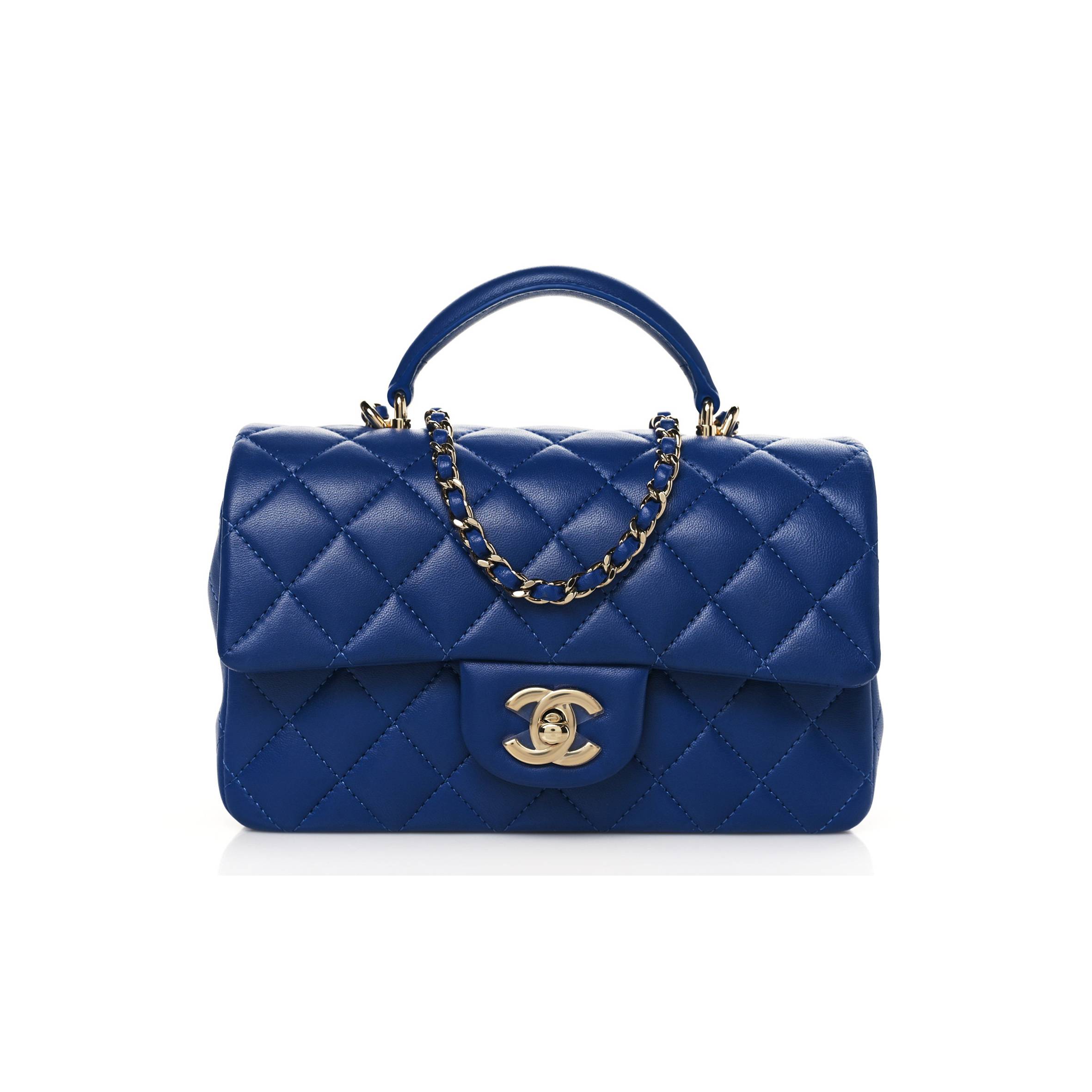 Ch*el lambskin quilted mini top handle rectangular flap blue rose gold hardware (20*12*6cm)
