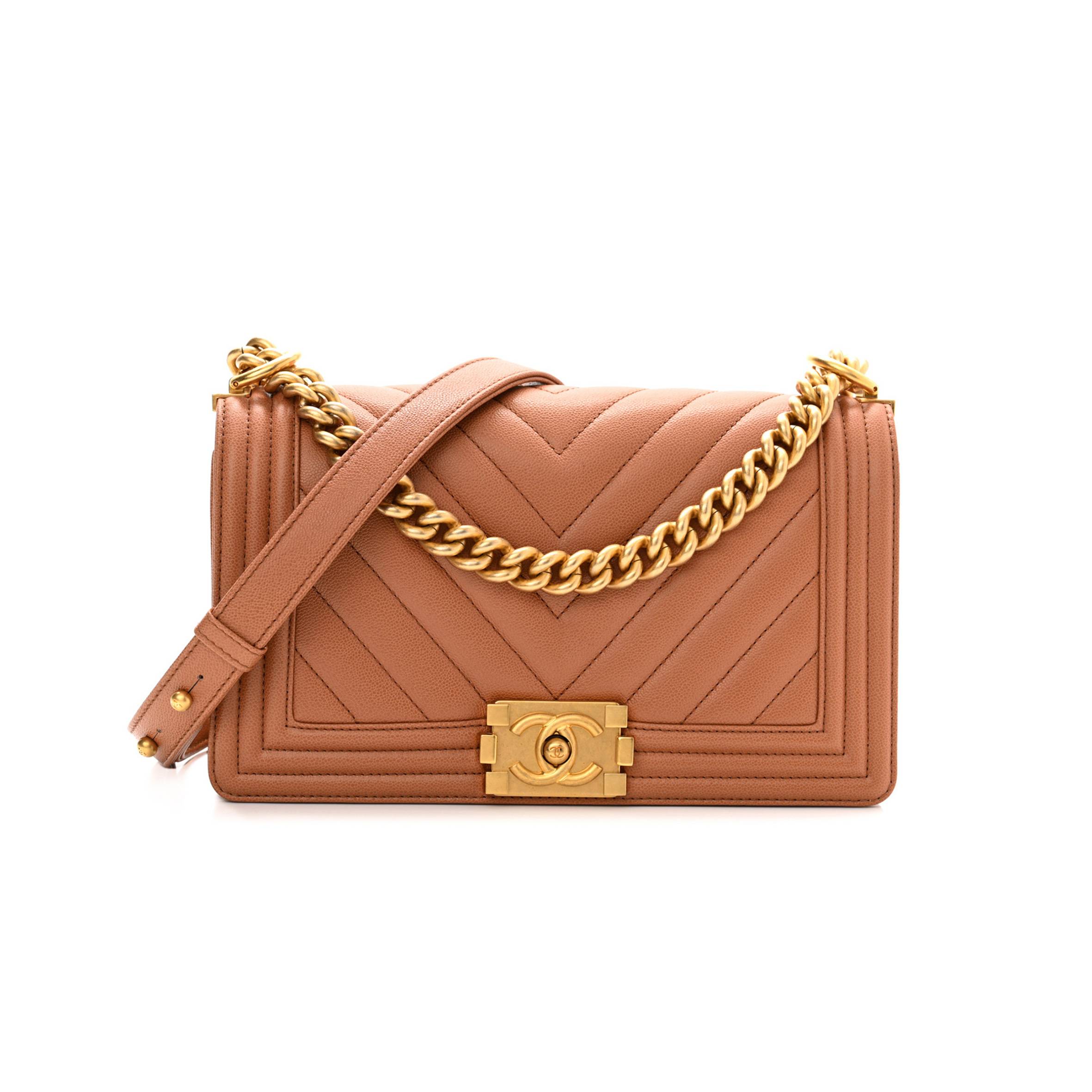 Ch*el caviar chevron quilted medium boy flap brown gold hardware (25*15*6cm)
