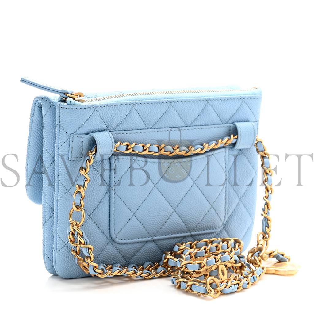 Ch*el shiny caviar pick me up flap belt bag light blue gold hardware (17*13*3cm)