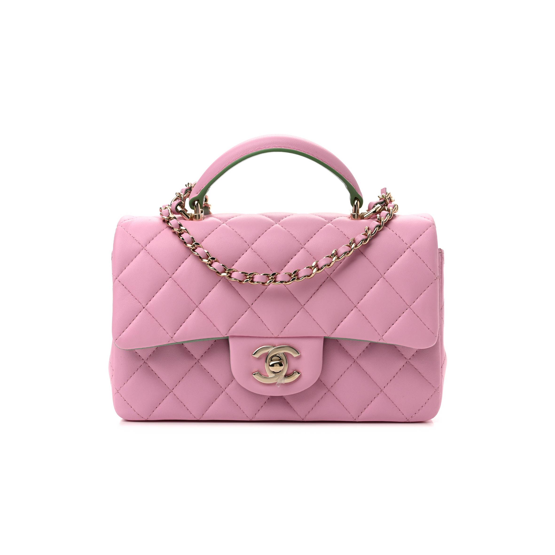 Ch*el lambskin quilted mini top handle rectangular flap lilac light green rose gold hardware (20*12*6cm)