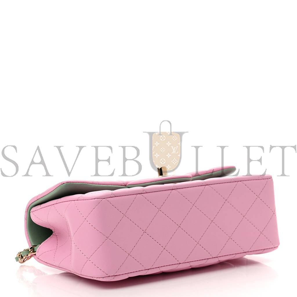 Ch*el lambskin quilted mini top handle rectangular flap lilac light green rose gold hardware (20*12*6cm)