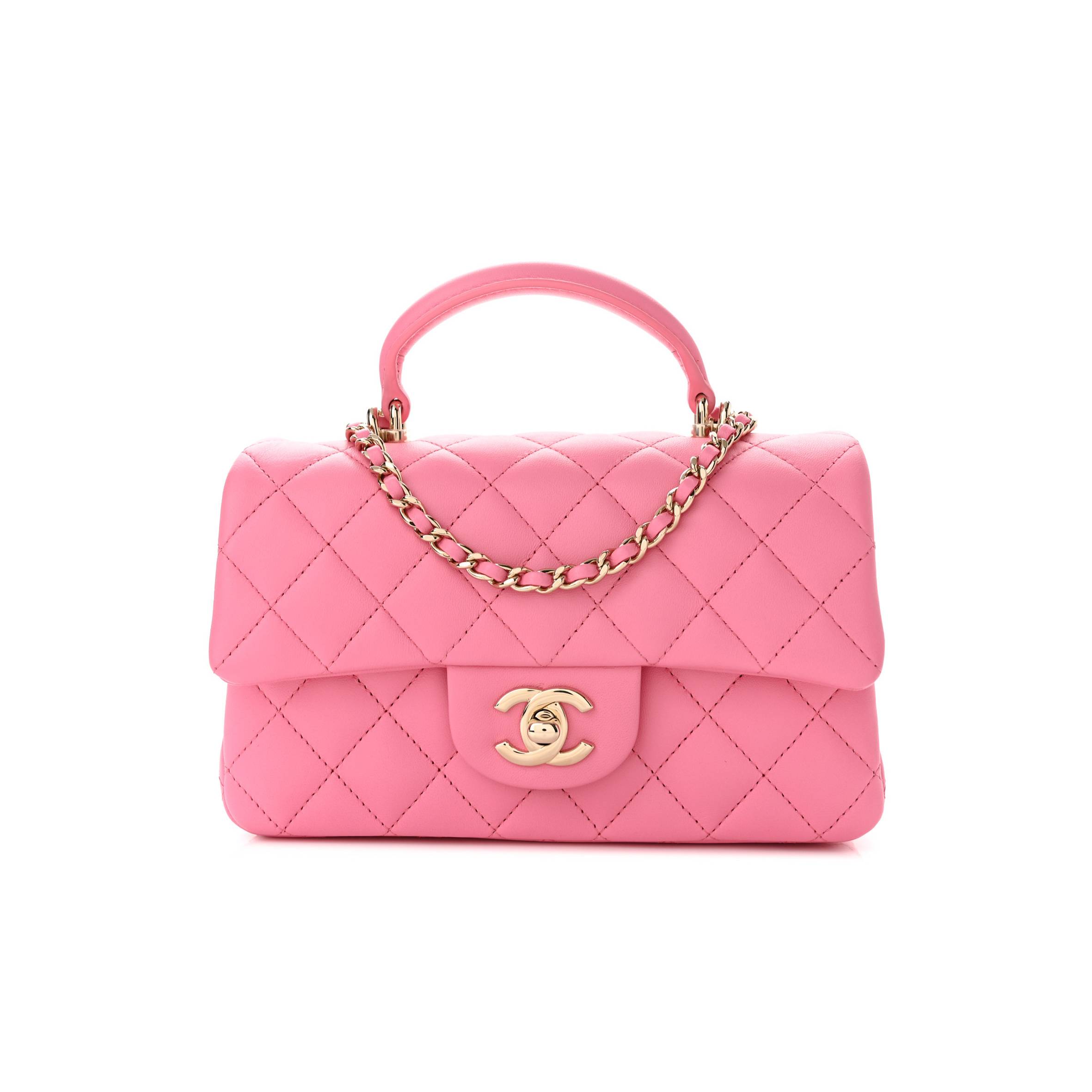 Ch*el lambskin quilted mini top handle rectangular flap pink rose gold hardware (20*12*6cm)