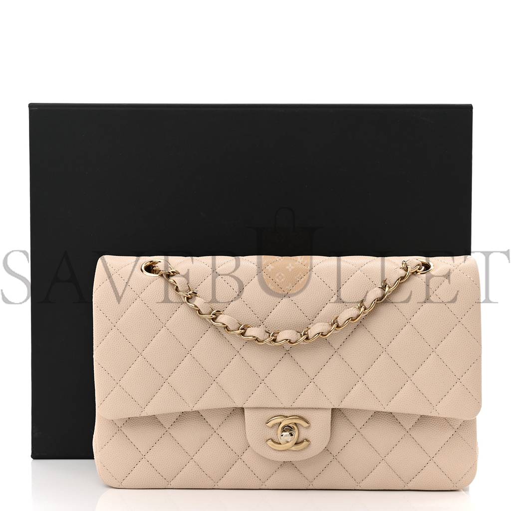 Ch*el caviar quilted medium double flap light beige gold hardware (25*15*6cm)