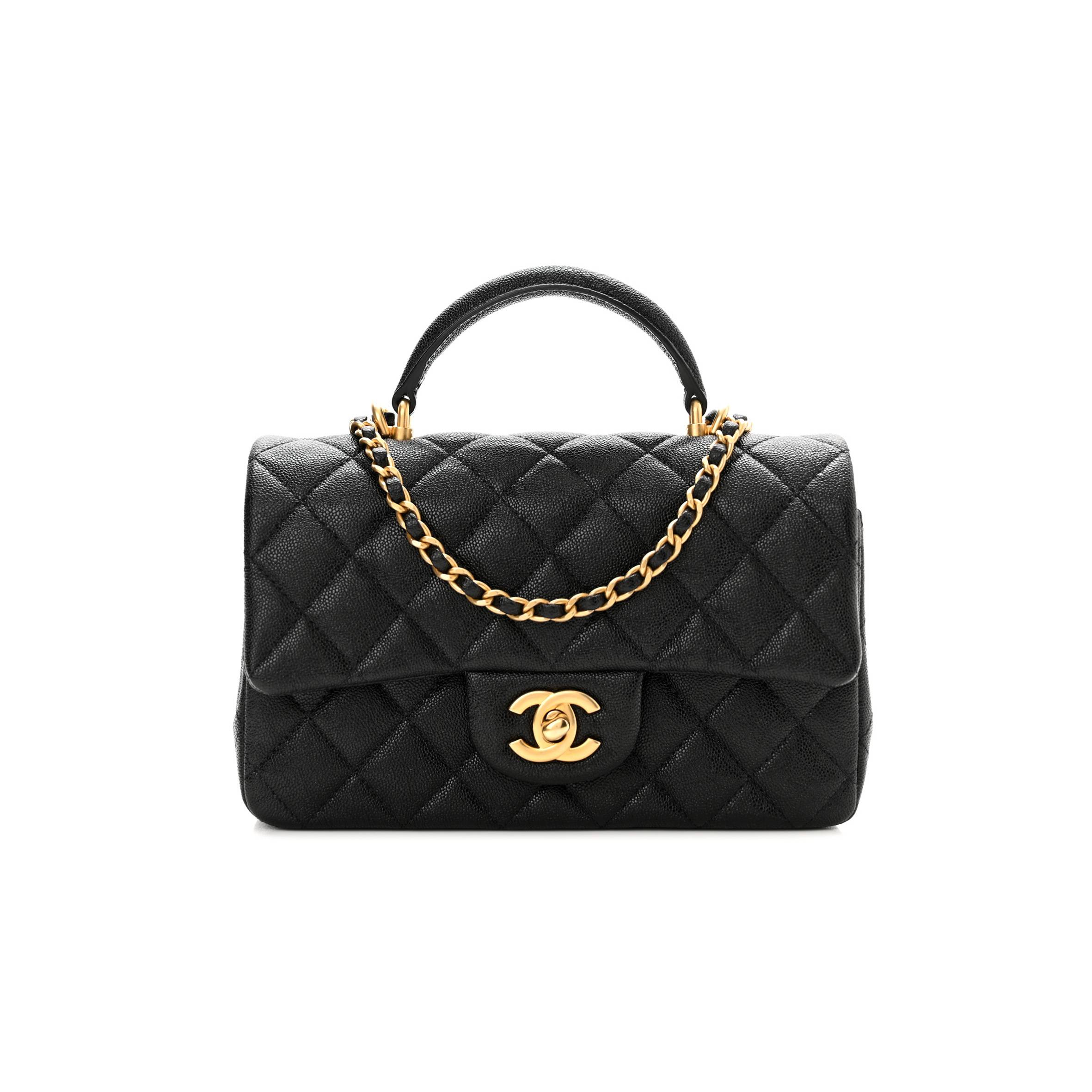 Ch*el caviar quilted mini top handle rectangular flap black gold hardware (20*13*6cm)