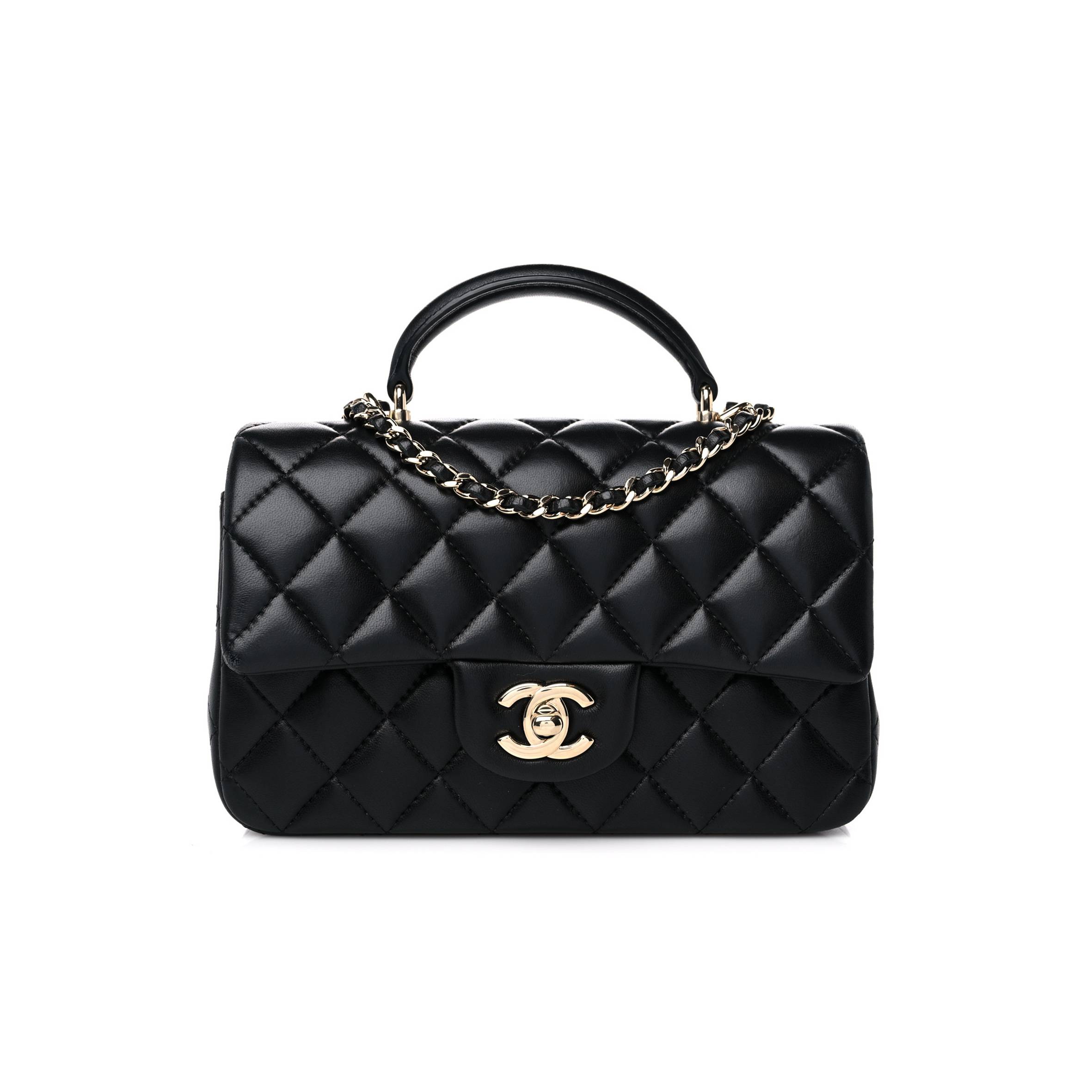 Ch*el lambskin quilted mini top handle rectangular flap black rose gold hardware0 (20*13*6cm)