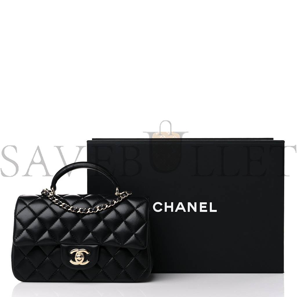 Ch*el lambskin quilted mini top handle rectangular flap black rose gold hardware0 (20*13*6cm)