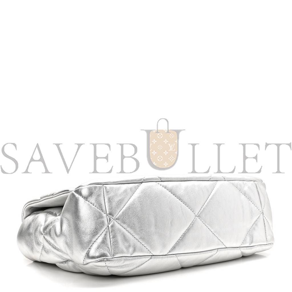 Ch*el metallic goatskin quilted large Ch*el 19 flap silver gold hardware (30*21*9cm)