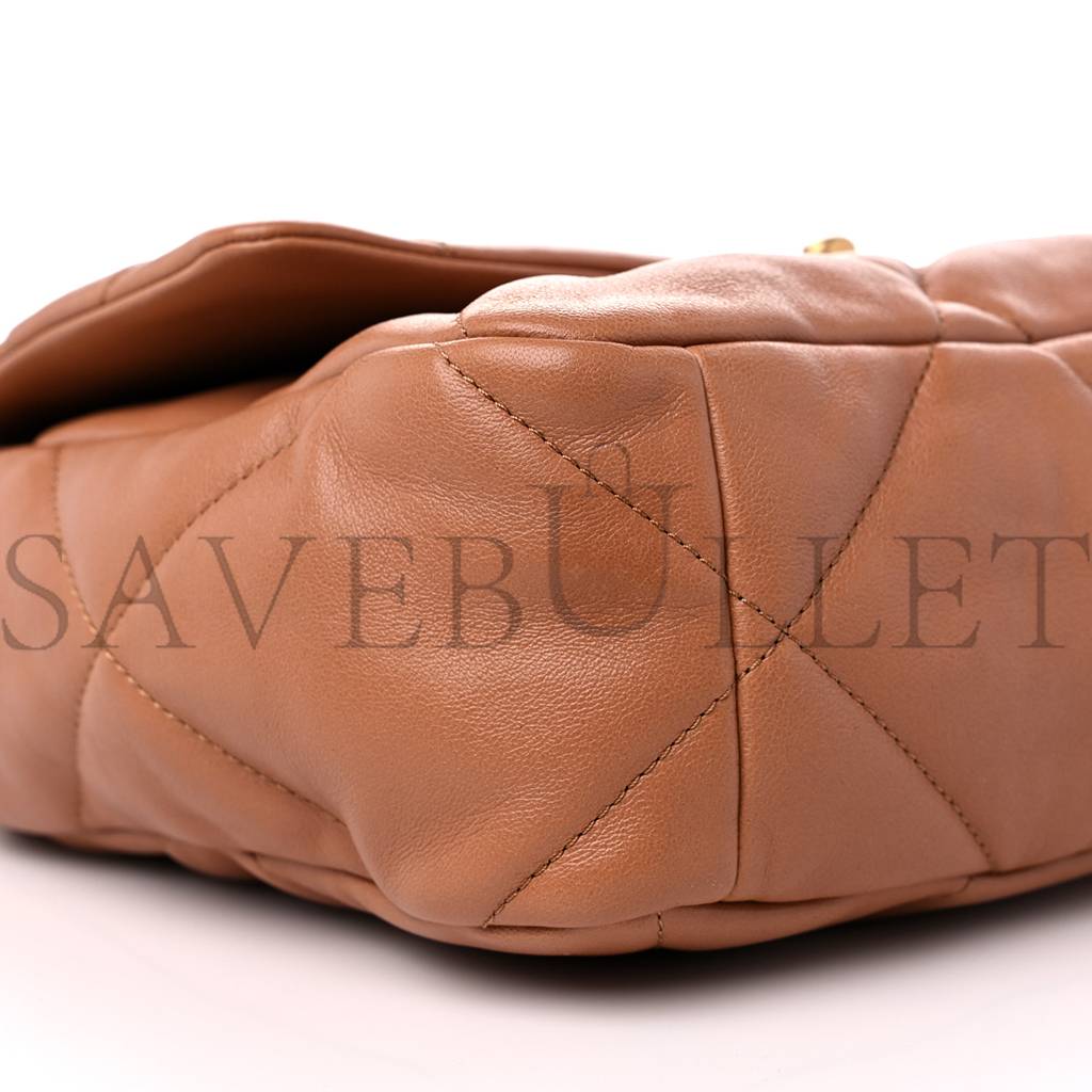 Ch*el lambskin quilted large Ch*el 19 flap brown gold hardware (30*20*9cm)