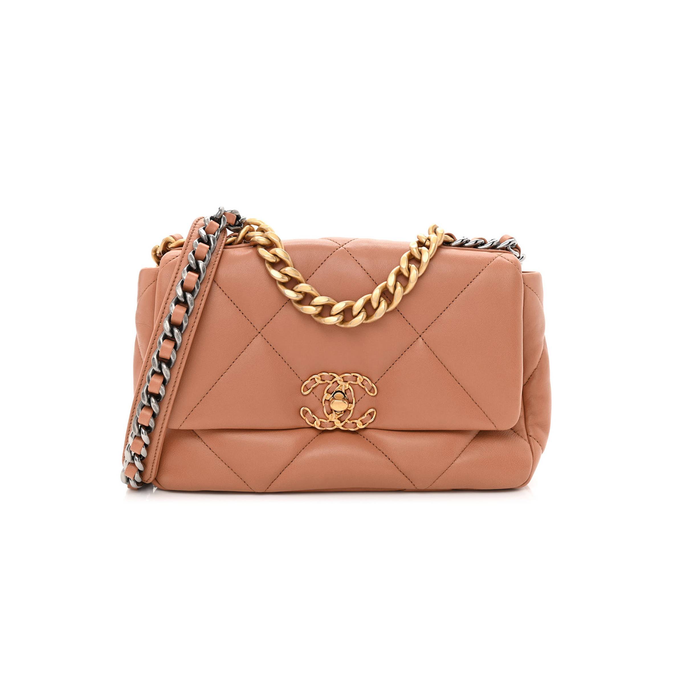 Ch*el lambskin quilted medium Ch*el 19 flap brown gold hardware (25*16*8cm)