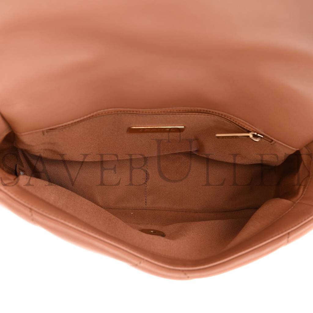 Ch*el lambskin quilted medium Ch*el 19 flap brown gold hardware (25*16*8cm)