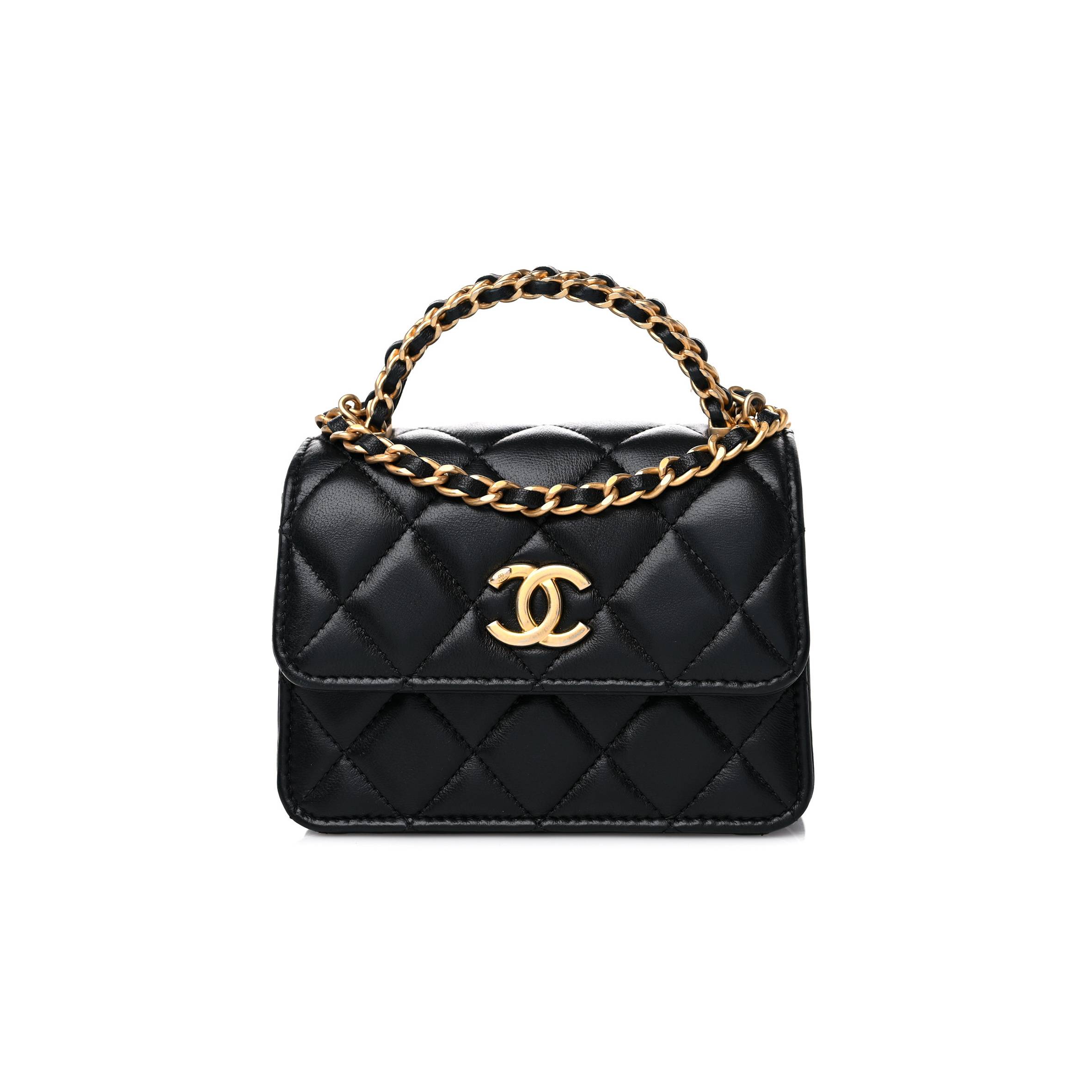 Ch*el lambskin quilted chain top handle clutch with chain black gold hardware (13*10*6cm)