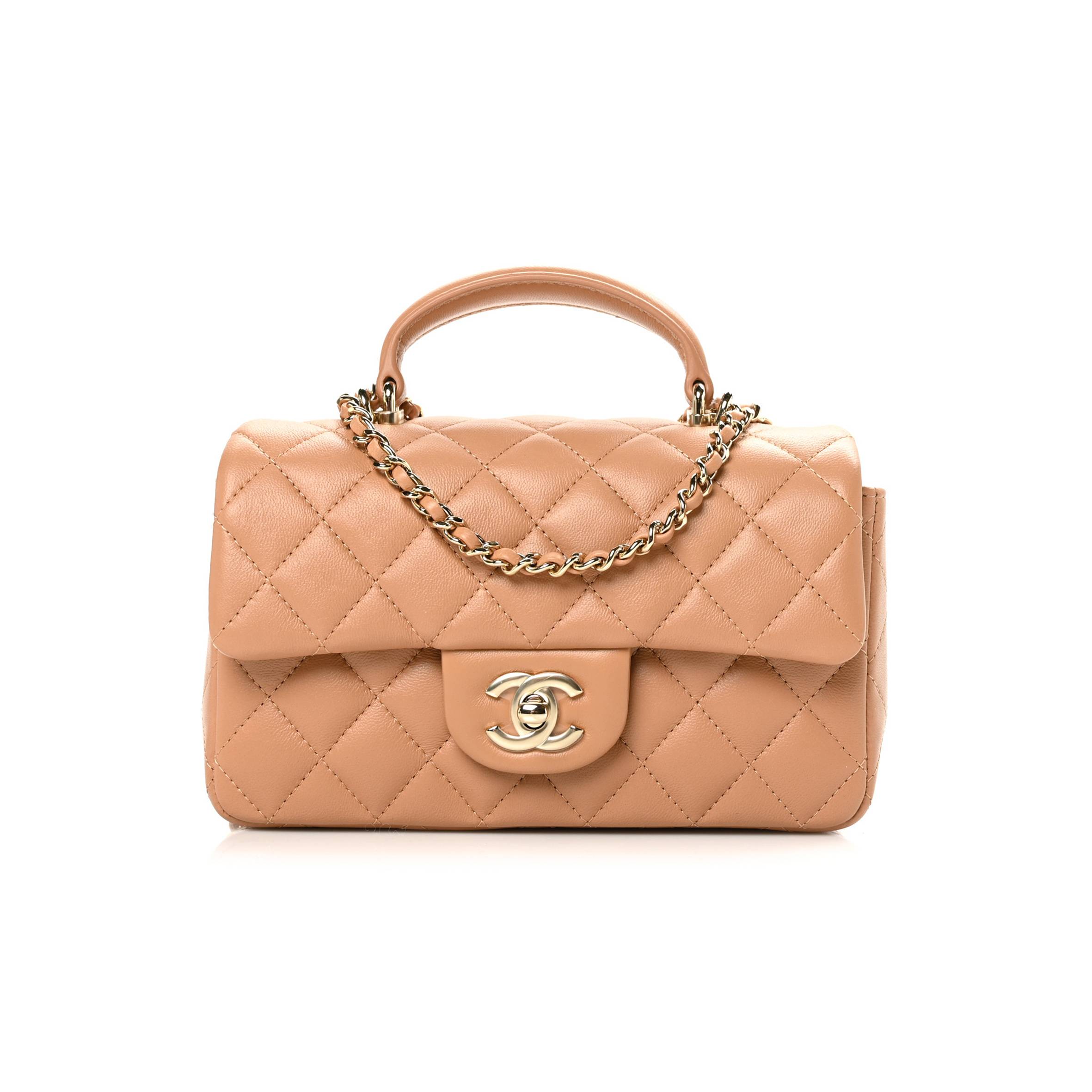 Ch*el lambskin quilted mini top handle rectangular flap beige rose gold hardware (19*13*6cm)