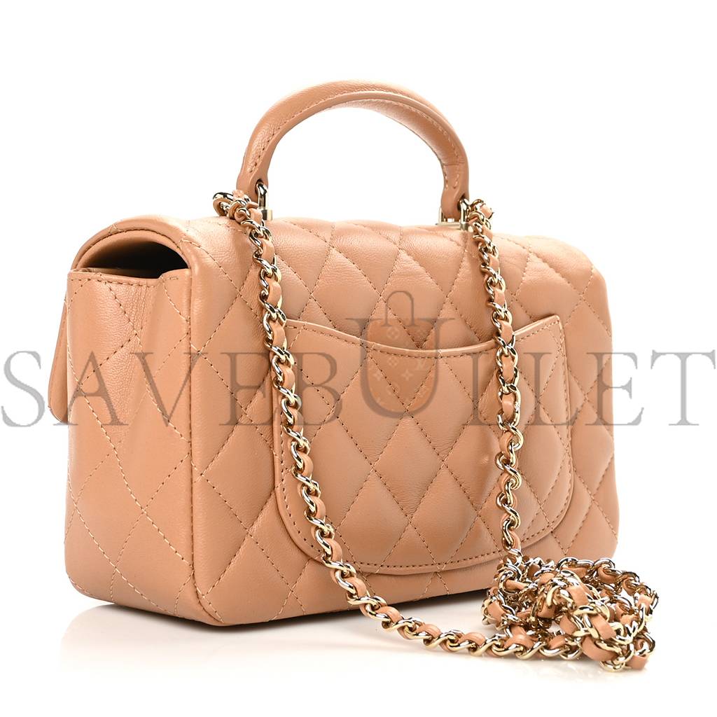 Ch*el lambskin quilted mini top handle rectangular flap beige rose gold hardware (19*13*6cm)