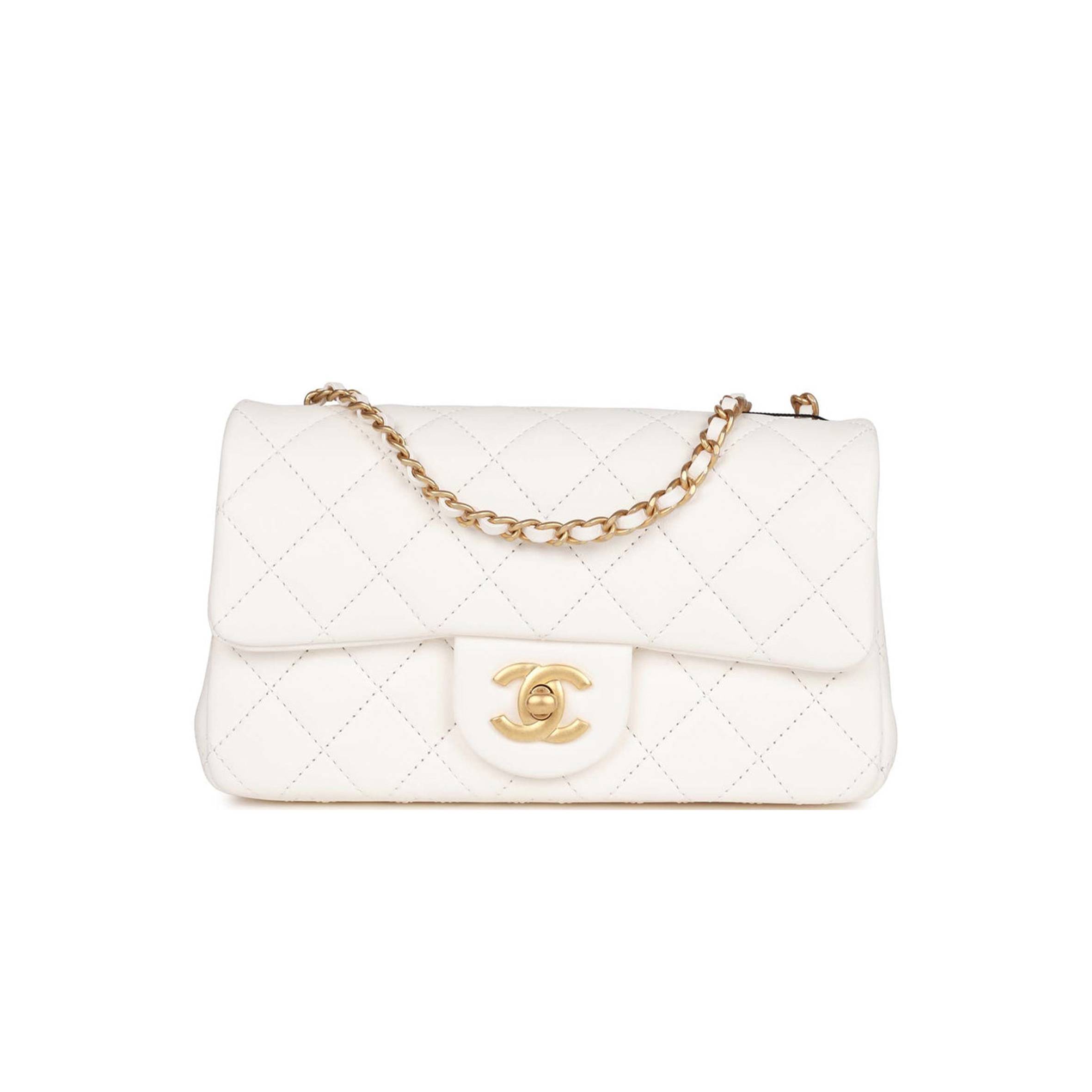 Ch*el pearl crush mini rectangular flap bag white lambskin antique gold hardware (20*13*6cm)
