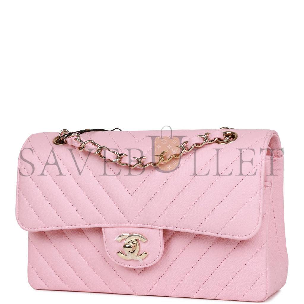 Ch*el small chevron classic double flap pink calfskin light gold hardware (23*13*6cm)
